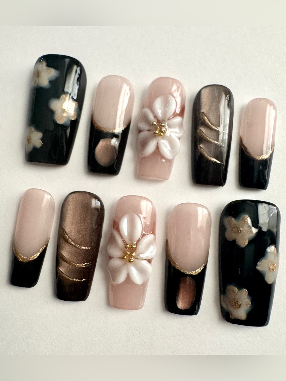 Black & Nude 3D Floral Press-On Nails
